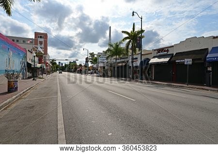 Miami, Florida - April 5, 2020 - Calle Ocho - Eigth Street - Devoid Of People Under Covid-19 Hotel, 