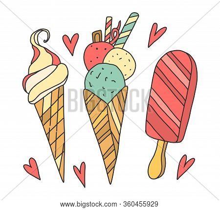 Vector Colorful Illustration Of Three Ice Cream In A Cute Cartoon Style. Colorful Youths In Waffles 