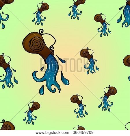 Seamless Pattern With Colorful Illustration Of Water Pouring From A Jug. Hand Drawn Vector. Suitable