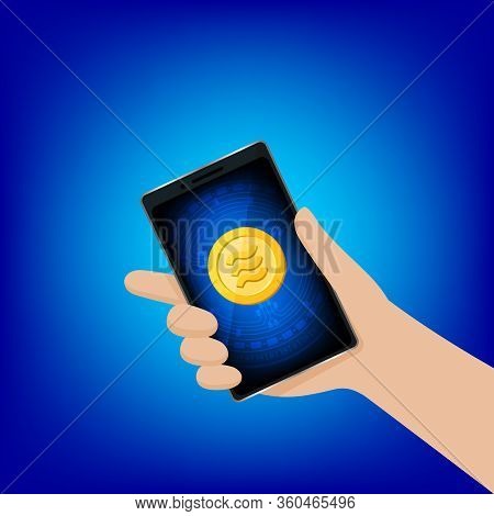 Coin Gold Logo Libra Calibra Currency In Smart Phone Screen, Hand Holding A Smartphone And Libra Cal