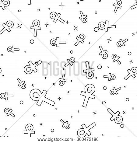 Black Line Cross Ankh Icon Isolated Seamless Pattern On White Background. Vector Illustration