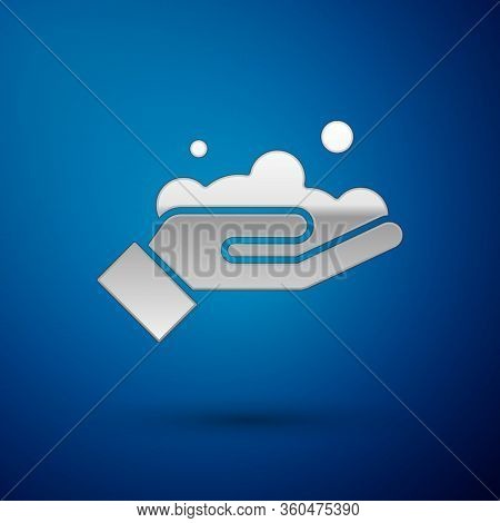 Silver Washing Hands With Soap Icon Isolated On Blue Background. Washing Hands With Soap To Prevent 