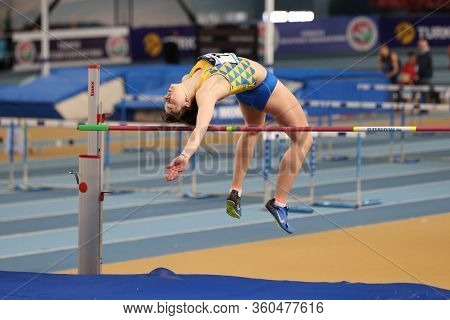 Istanbul, Turkey - March 07, 2020: Undefined Athlete High Jumping During International U18 Indoor At