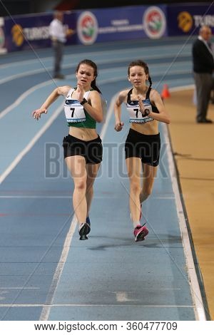 Istanbul, Turkey - March 07, 2020: Athletes Race Walking During International U18 Indoor Athletic Ma