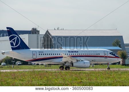 August 30, 2019. Zhukovsky, Russia. Russian Short-range Narrow-body Passenger Aircraft  Sukhoi Super
