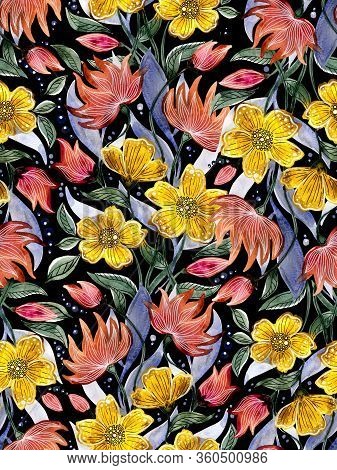Abstract Floral Watercolor Seamless Pattern With Stylized Pink, Yellow Flowers And Lilac Leaves On A