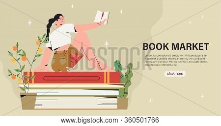 Vector Illustration Of Woman Sitting On Pile Of Books And Reading. Creative Banner, Poster, Invitati