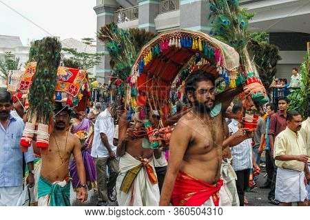 7 February 2009, Georgetown, Penang: Male Devotees Carrying A Decorated Kavadi As A Form Of Offering