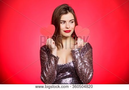 Love And Romance. Valentines Day Sales. Sexy Woman In Glamour Dress. Sensual Girl With Heart. Valent