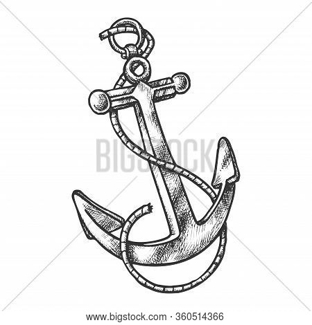 Sketch Of Vintage Anchor With Rope. Anchorage