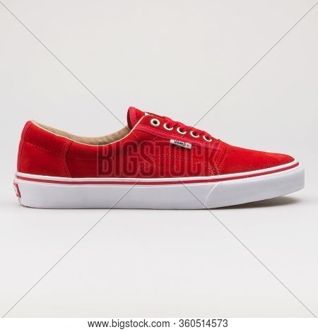 Vienna, Austria - August 16, 2017: Vans Rowley Red Sneaker On White Background.