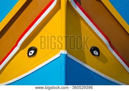 Marsaxlokk, Malta. 30th December 2019. Painted Eyes Of Osiris On The Prow Of A Maltese \'luzzu\' - O