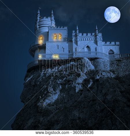 Medieval Castle At Night. Swallows Nest, The Crimean Peninsula,