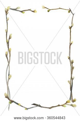 Watercolor Frame From Branches, Twigs Or Vines And New Growing Buds With Space For Text Isolated On 