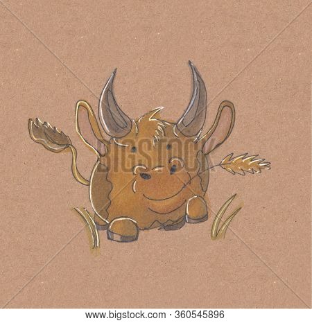 Hand Drawn Illustration The Bull In Beautiful Style. Cartoon Characters.