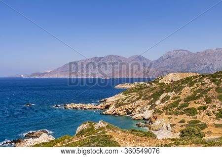 Panoramic View Of A Sea And Islands From The Top Of The Mountain, On The Island Of Crete, Greece.