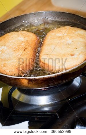Frying Bread To Make A Typical Spanish Food, Torrijas.