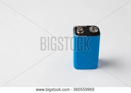Blue Pp3 Battery Accumulator On White Background. Copy Space.