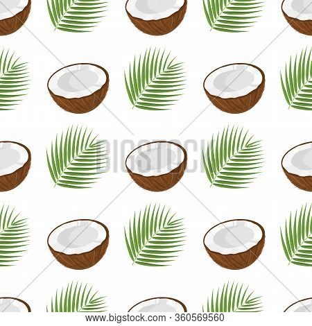 Seamless Pattern With Cartoon Detailed Brown Exotic Half Coconut And Green Leaf. Summer Fruits For H