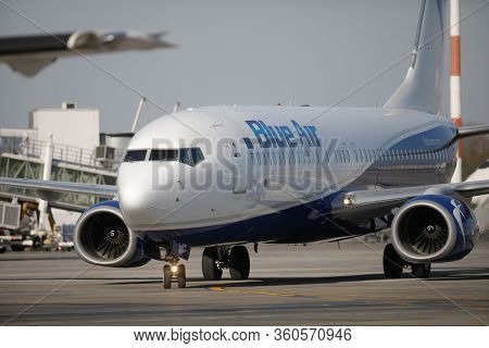 Otopeni, Romania - April 8, 2020: Blue Air Airplane On Henri Coanda International Airport.