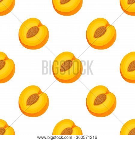 Saemless Pattern With Cartoon Detailed Exotic Half Peach On White Background. Summer Fruits For Heal