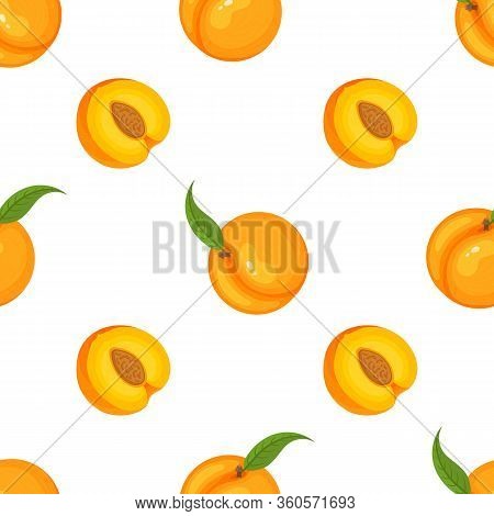 Saemless Pattern With Cartoon Detailed Exotic Peach On White Background. Summer Fruits For Healthy L