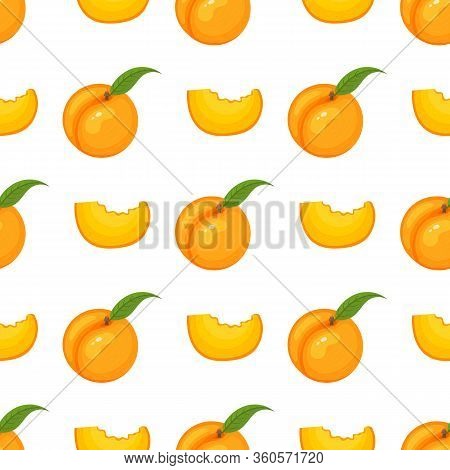 Saemless Pattern With Cartoon Detailed Exotic Peach On White Background. Summer Fruits For Healthy L