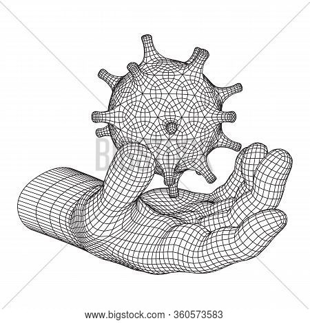Human Arm Hand With Corona Virus Virion Of Coronavirus. Connection Structure. Vector Low Poly Wirefr