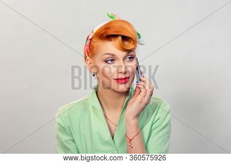 Phone Conversation. Beautiful Attractive Girl Business Woman Retro Pinup Style Talk On Cellphone For