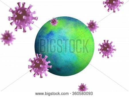Coronavirus Attack Earth. Watercolor Hand Drawn Horizontal Background With Globe And Virus From Wuha
