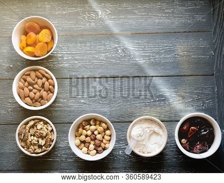 Ingredients To Make Protein Energy Balls, Dates, Apricots, Nuts, Collagen Powder. Healthy Snack To T