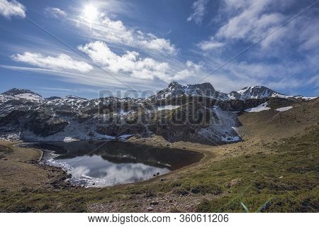 Laguna De Almagrera O Laguna De La Mina At The End Of Winter. Saliencia Lakes In The Somiedo Nature 