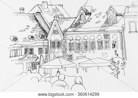 Raekoja Plats Tallinn Town Hall Square In A Street Fest Line Art Hand Drawing