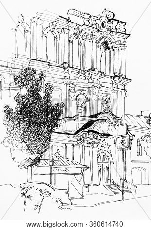 Exterior Of Dominican Church Of The Holy Spirit, Vilnius Hand Drawn Sketch Illustration