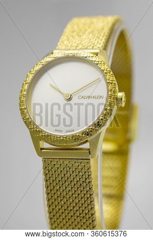 Biel, Switzerland 31.03.2020 - The Closeup Of Calvin Klein Woman Watch Stainless Steel Case Gold Pvd