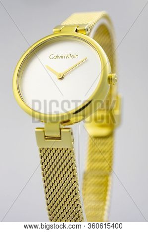 Biel, Switzerland 31.03.2020 - The Closeup Of Calvin Klein Woman Watch Stainless Steel Case Gold Pvd