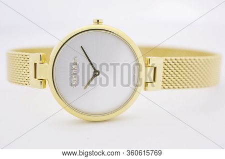 Biel, Switzerland 31.03.2020 - The Closeup Of Calvin Klein Woman Watch Stainless Steel Case Gold Pvd