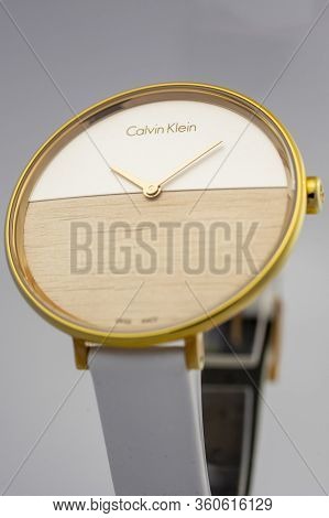 Biel, Switzerland 31.03.2020 - The Closeup Of Calvin Klein Woman Watch Stainless Steel Case Gold Pvd