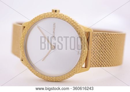 Biel, Switzerland 31.03.2020 - The Closeup Of Calvin Klein Woman Watch Stainless Steel Case Gold Pvd