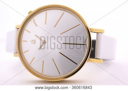 Biel, Switzerland 31.03.2020 - The Closeup Of Calvin Klein Woman Watch Stainless Steel Case Gold Pvd