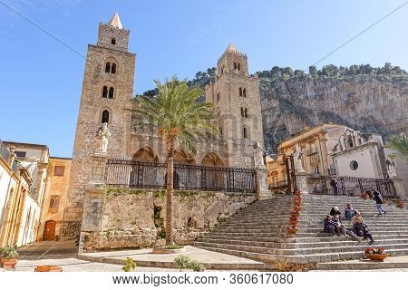 Cefalu, Sicily - February 11, 2020: Side View Of Cefalu Cathedral (chiesa Di Cefalu) In Nice Sunny D