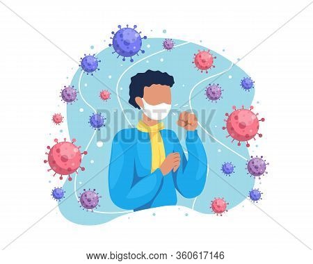 Vector Illustration A Man Cough And Having Cold. Person With Cold, Male Character Coughing With Wear
