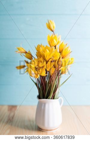 Beautiful Wild Yellow Tulips In A Vintage Vase