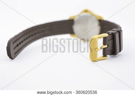 Ibach, Switzerland 31.03.2020 - The Close Up Of Victorinox Man Watch Stainless Steel Case Gold Pvd C