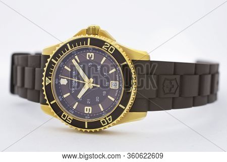 Ibach, Switzerland 31.03.2020 - The Close Up Of Victorinox Man Watch Stainless Steel Case Gold Pvd C
