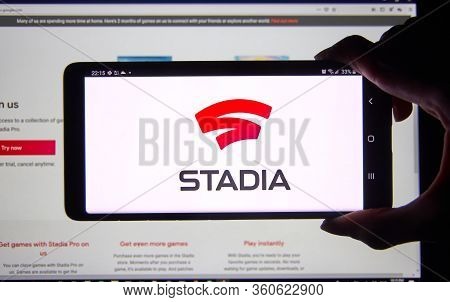 Montreal, Canada - April 6, 2020: Google Stadia Logo On A Screen. Stadia Offers 2 Free Months Of Sub