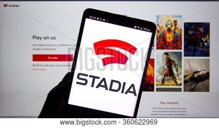 Montreal, Canada - April 6, 2020: Google Stadia Logo On A Screen. Stadia Offers 2 Free Months Of Sub