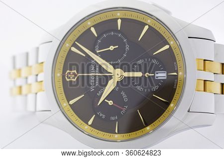 Ibach, Switzerland 31.03.2020 - The Close Up Of Victorinox Woman Watch Stainless Steel Case Stainles
