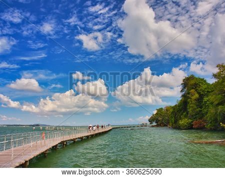 A Scenic View On The Boardwalk Over Water At Chek Jawa Wetland Of Pulau Ubin Island, Singapore.