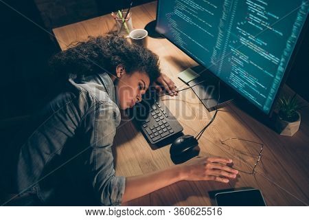 High Angle View Photo Of Pretty Dark Skin Business Lady Fell Asleep Near Monitor Work Overtime Deadl